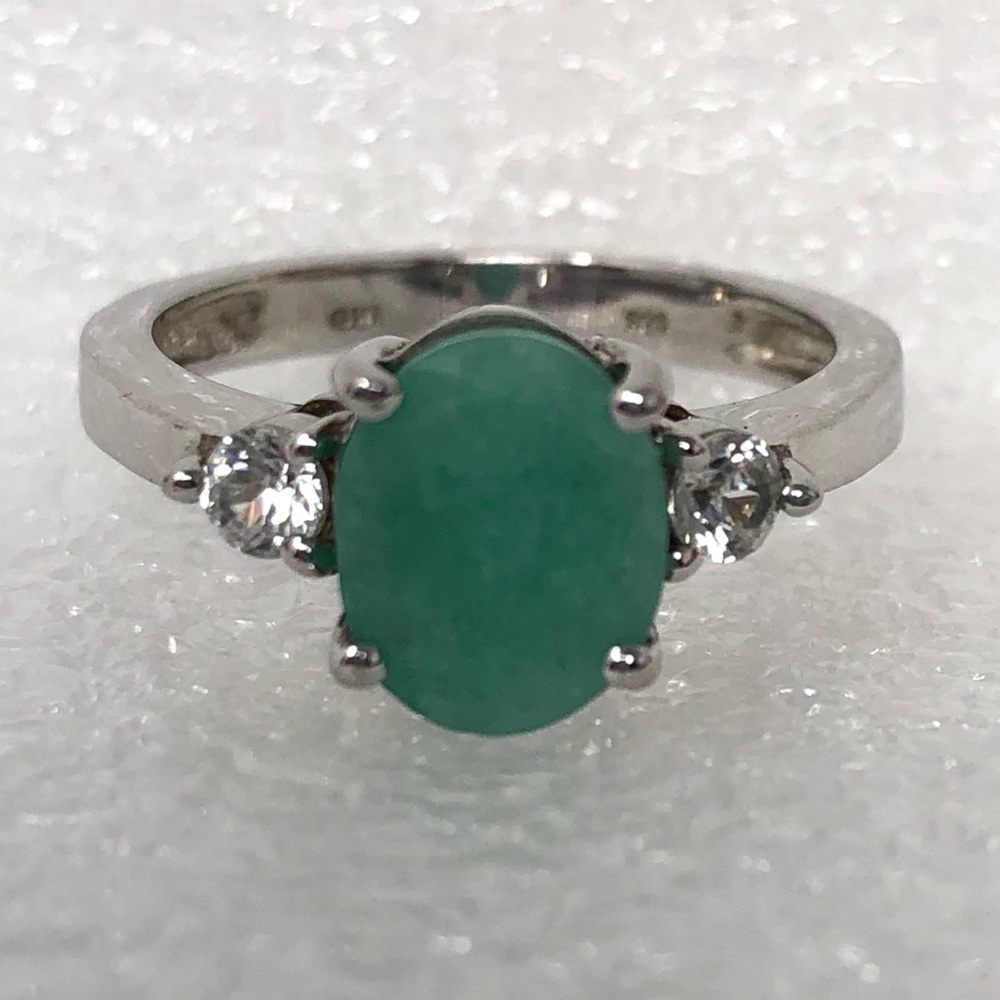 Oval Brazilian Emerald Ring Size 7 Two Round White Topaz Sterling Silver